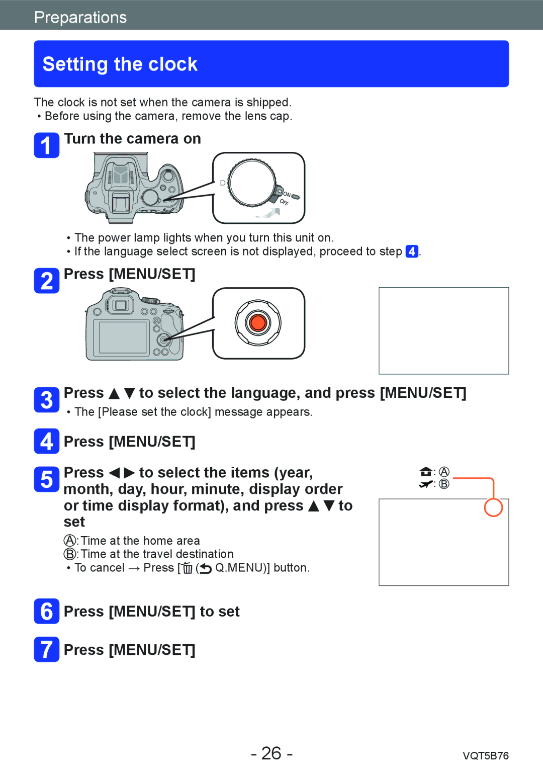 Panasonic DMC-FZ70 owner manual Setting the clock, Turn the camera on, Press MENU/SET to set 