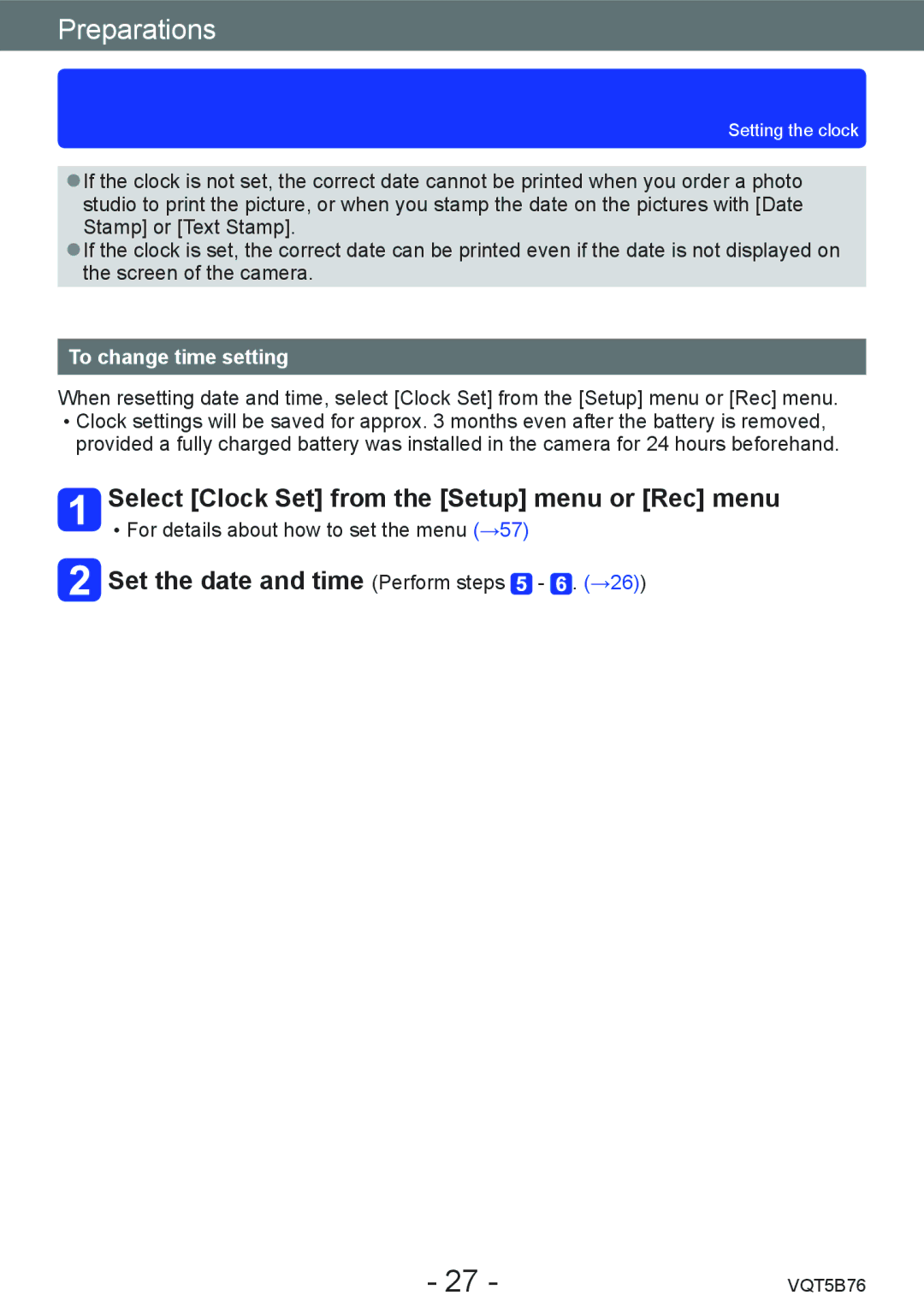 Panasonic DMC-FZ70 owner manual Select Clock Set from the Setup menu or Rec menu, Set the date and time Perform steps . →26 