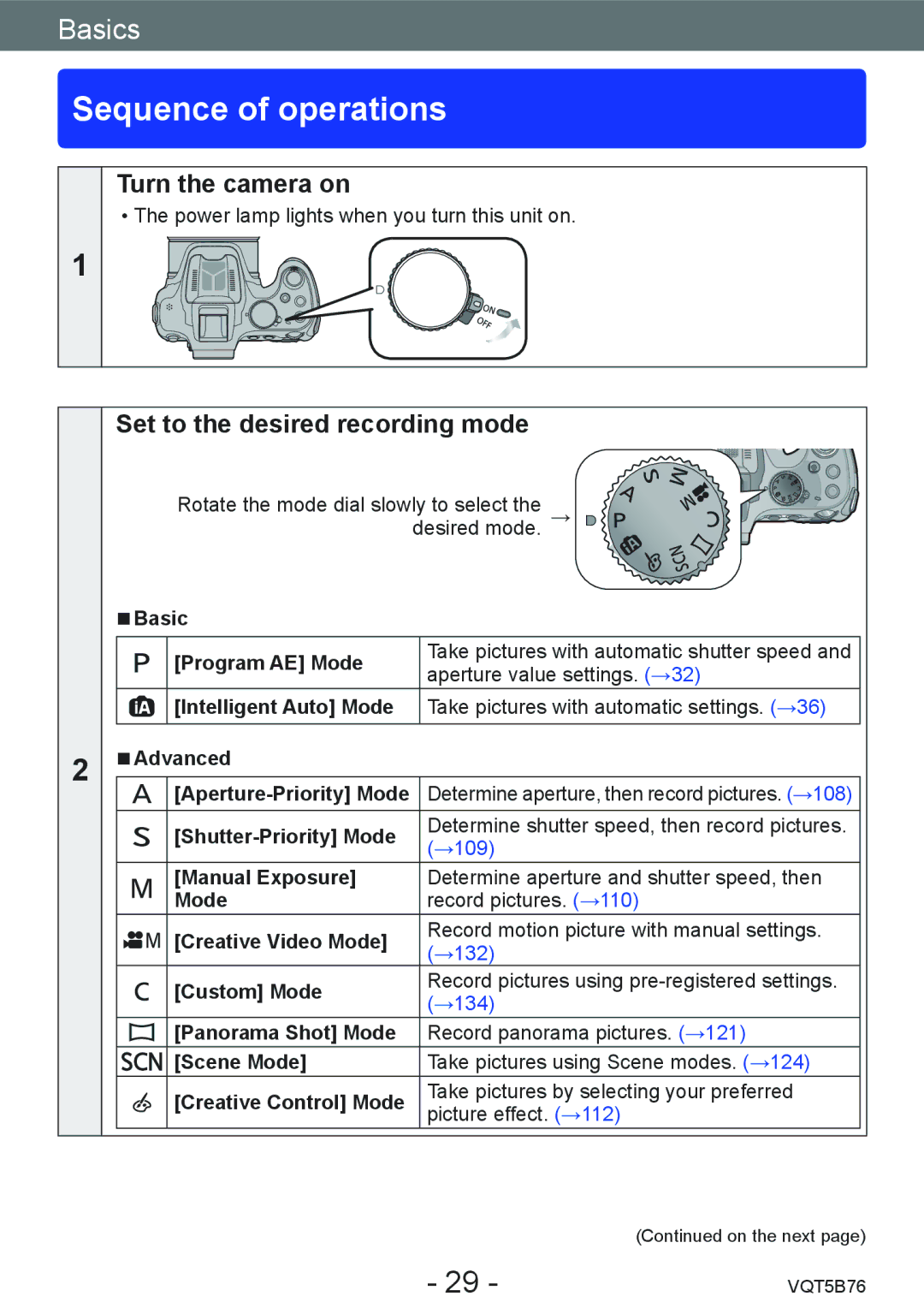 Panasonic DMC-FZ70 owner manual Sequence of operations, Set to the desired recording mode 