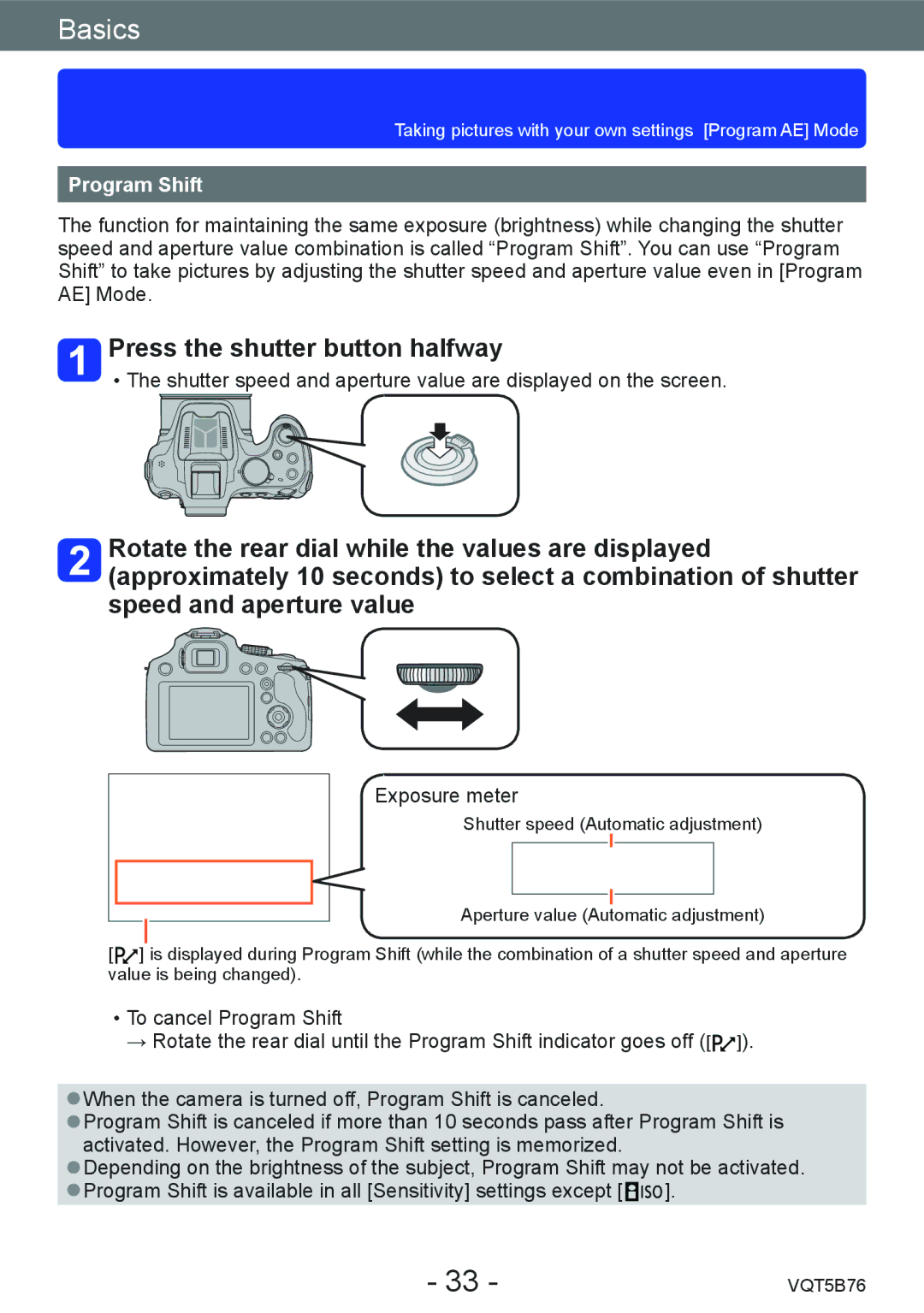 Panasonic DMC-FZ70 owner manual Press the shutter button halfway, Program Shift 