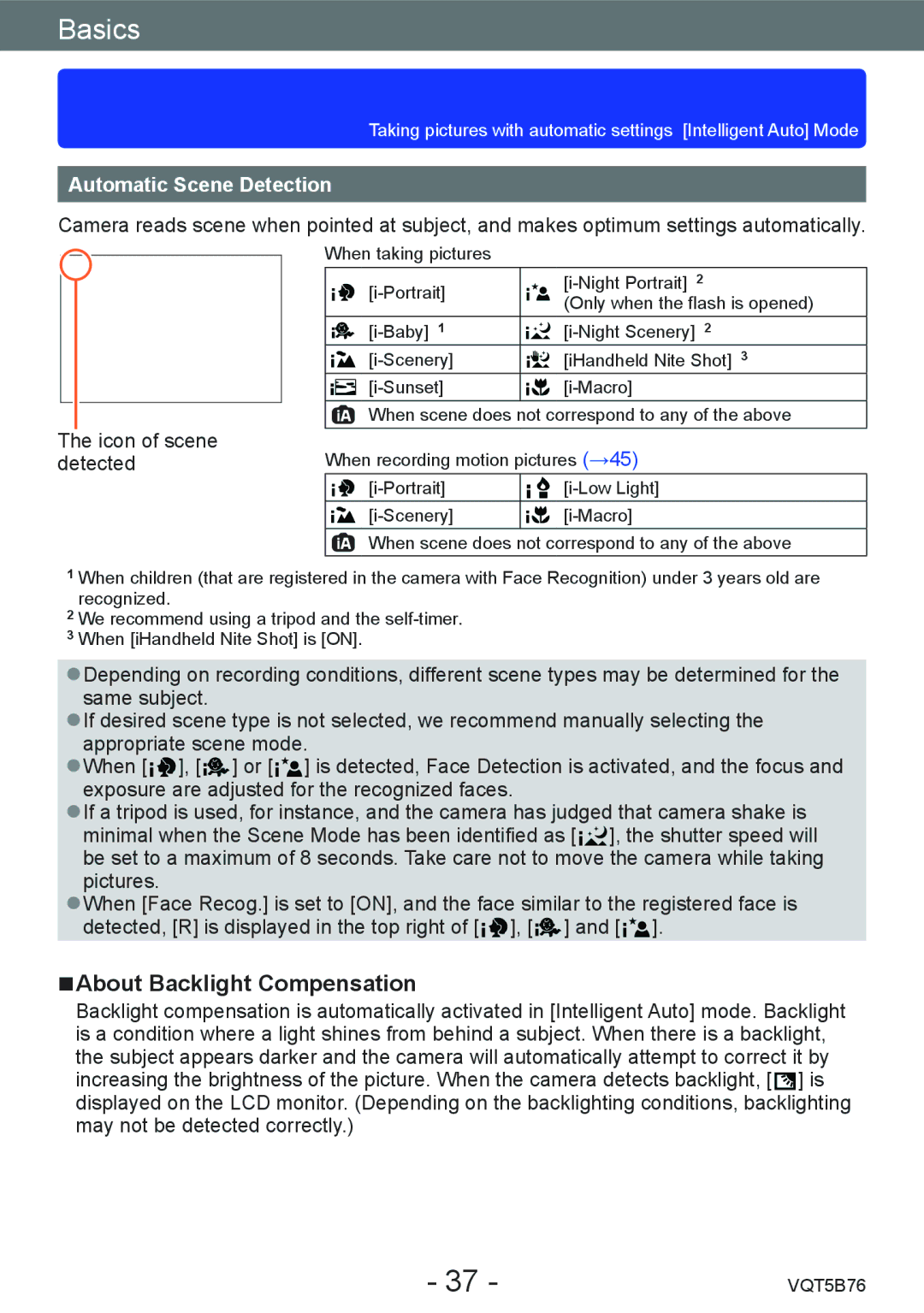 Panasonic DMC-FZ70 owner manual About Backlight Compensation, Automatic Scene Detection 