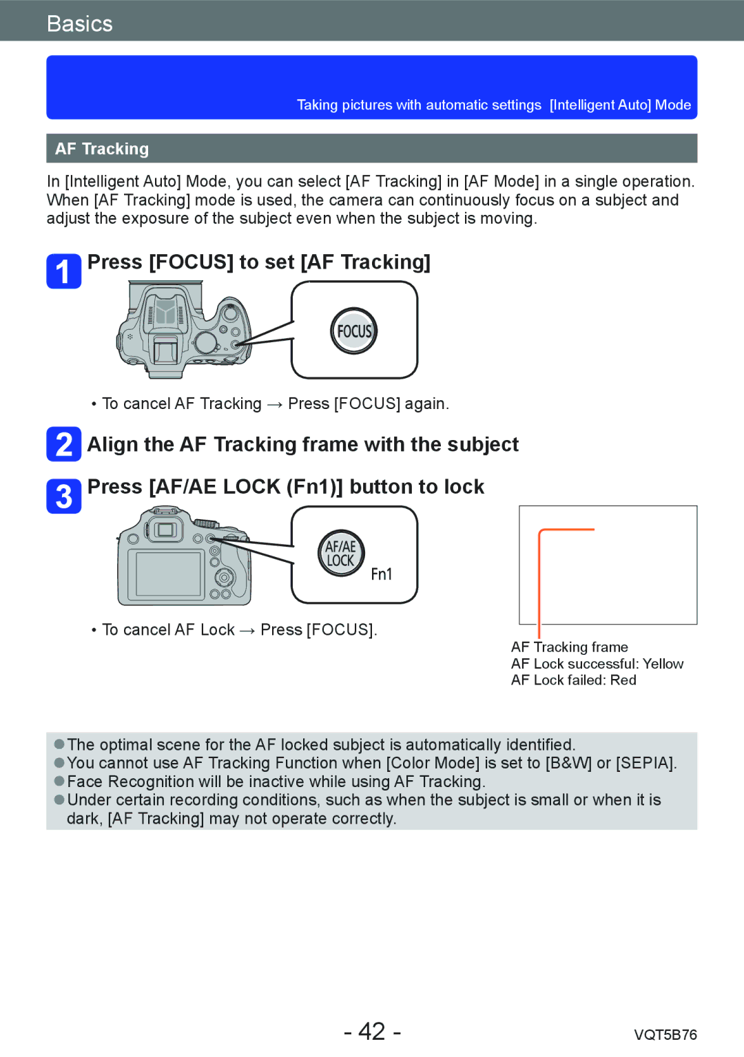 Panasonic DMC-FZ70 owner manual Press Focus to set AF Tracking 