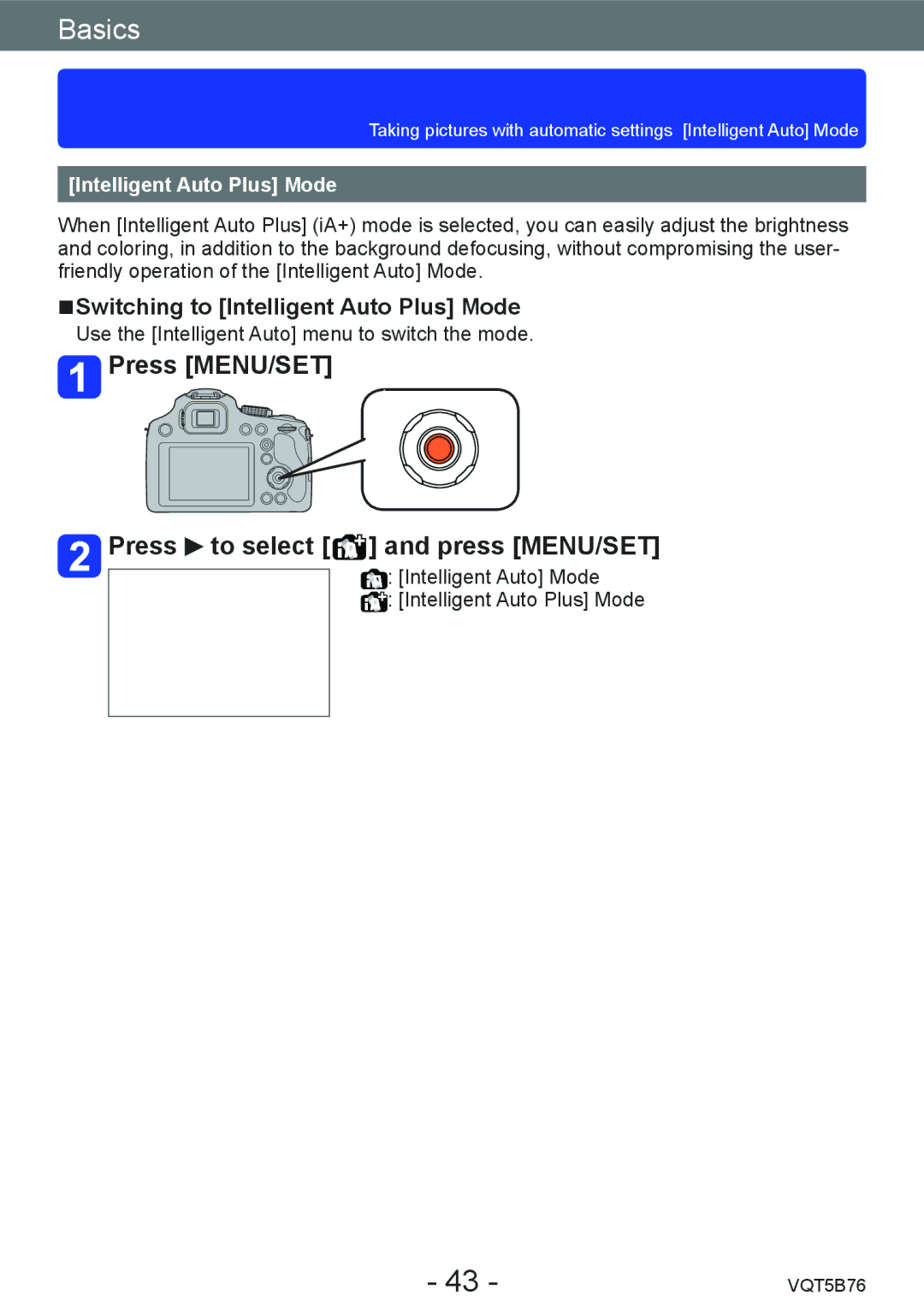 Panasonic DMC-FZ70 owner manual Press MENU/SET Press to select and press MENU/SET, Switching to Intelligent Auto Plus Mode 