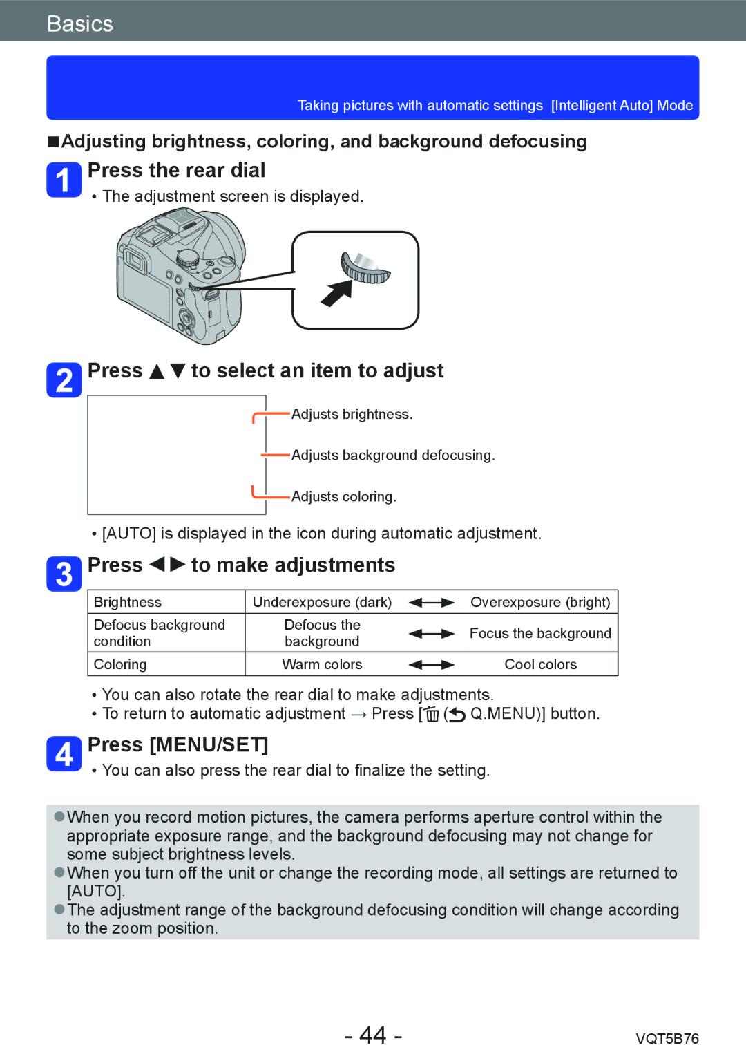 Panasonic DMC-FZ70 owner manual Press To select an item to adjust, Press To make adjustments, Press MENU/SET 