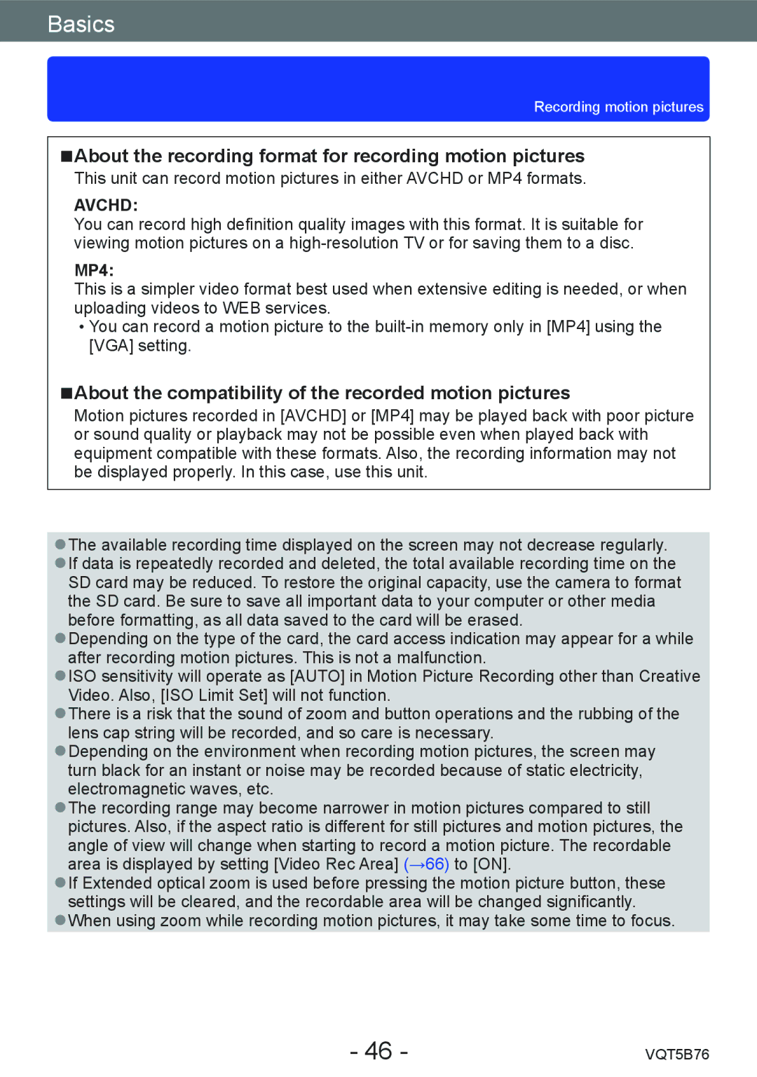 Panasonic DMC-FZ70 owner manual About the recording format for recording motion pictures, MP4 