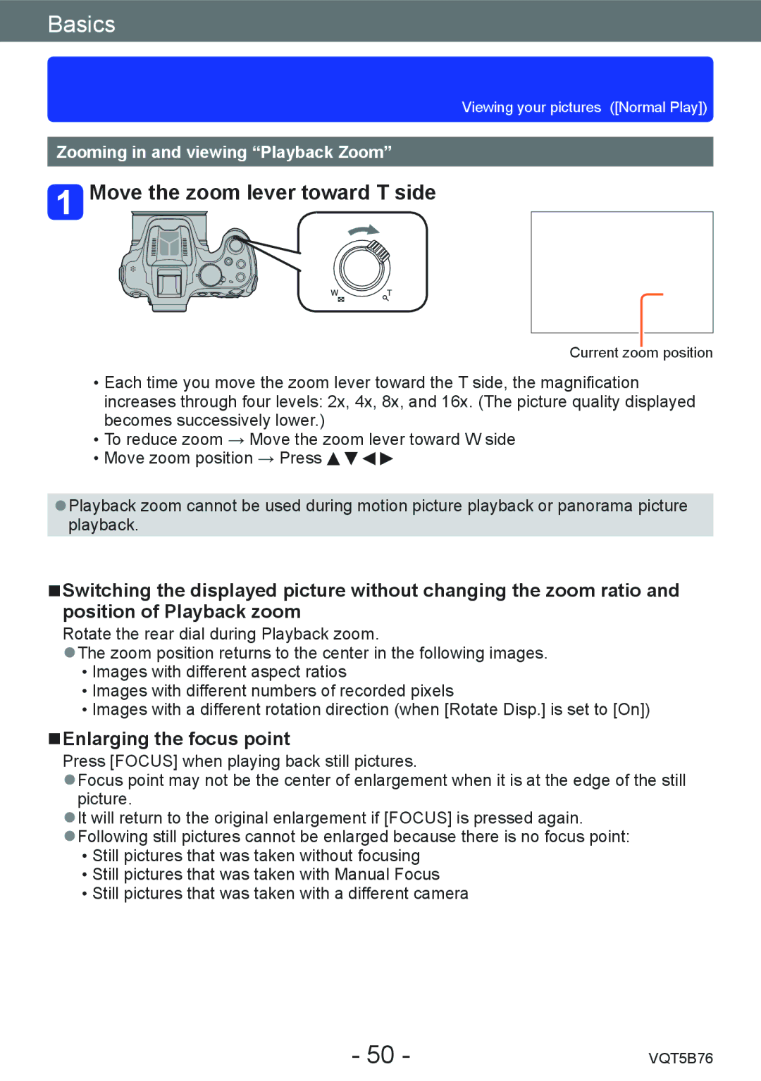 Panasonic DMC-FZ70 Move the zoom lever toward T side, Enlarging the focus point, Zooming in and viewing Playback Zoom 