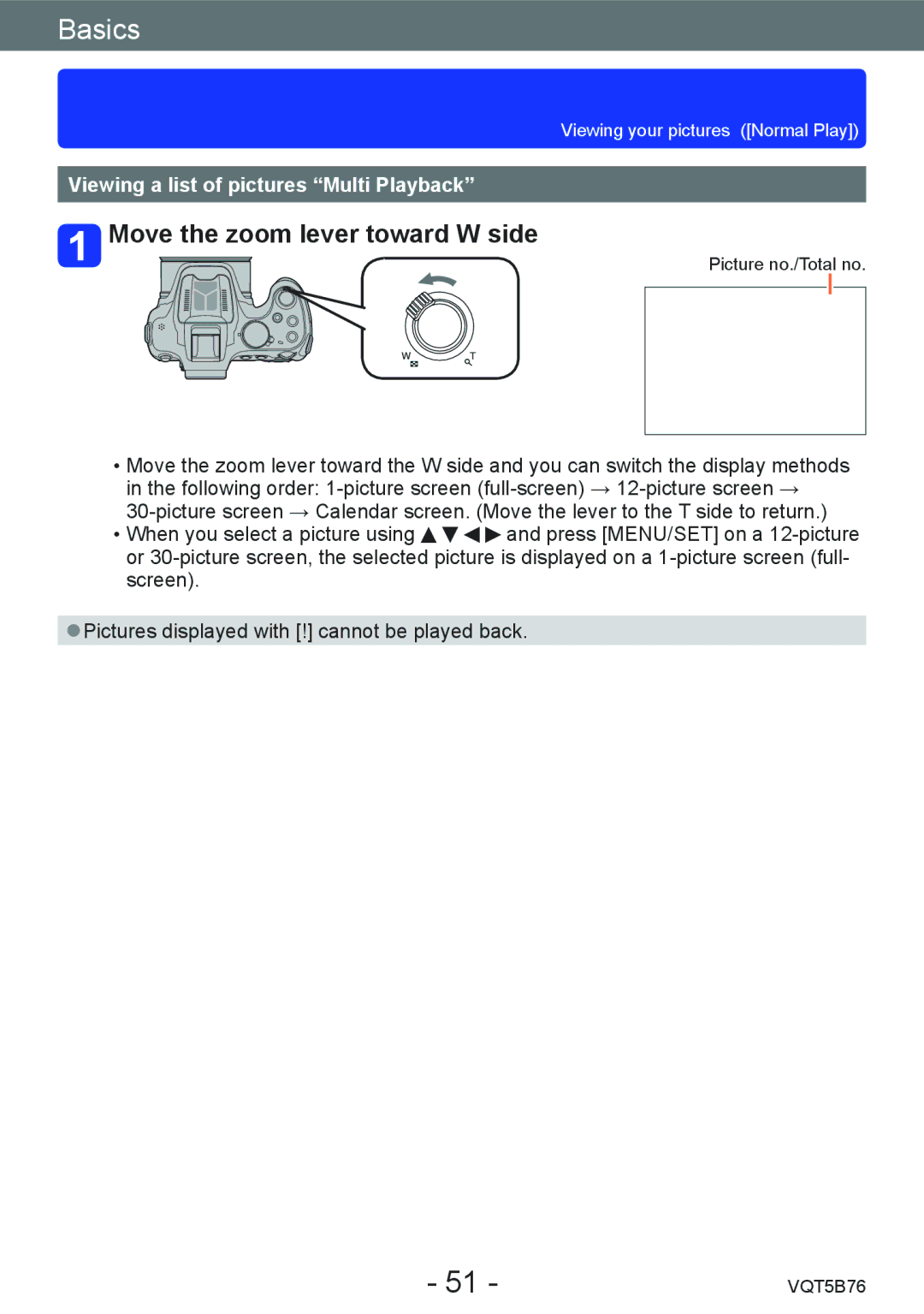 Panasonic DMC-FZ70 owner manual Move the zoom lever toward W side, Viewing a list of pictures Multi Playback 