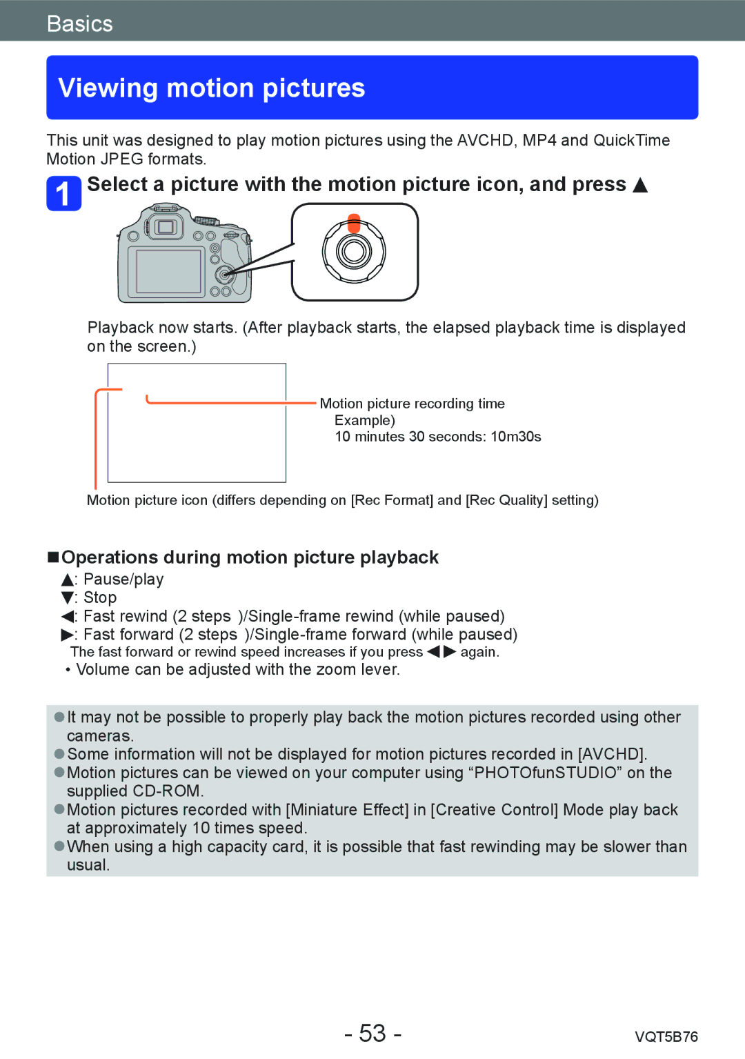 Panasonic DMC-FZ70 owner manual Viewing motion pictures, Select a picture with the motion picture icon, and press 