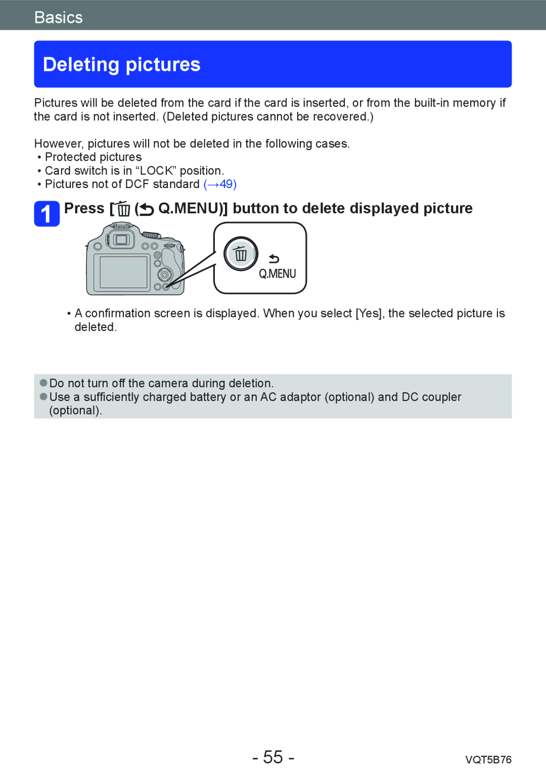 Panasonic DMC-FZ70 owner manual Deleting pictures, Press Q.MENU button to delete displayed picture 