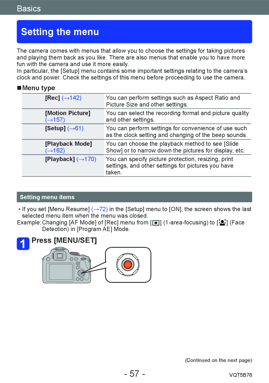 Panasonic DMC-FZ70 owner manual Setting the menu, Menu type, Setting menu items 