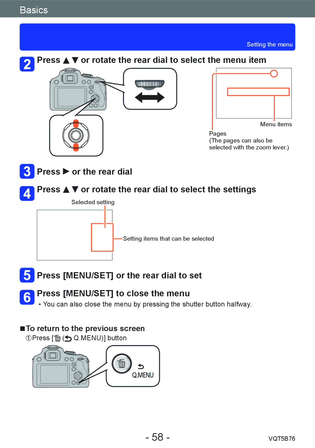 Panasonic DMC-FZ70 Press or rotate the rear dial to select the menu item, To return to the previous screen, Pages 