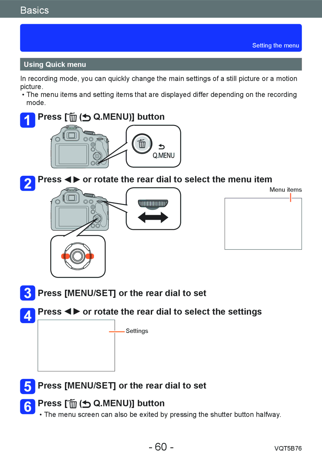 Panasonic DMC-FZ70 owner manual Press MENU/SET or the rear dial to set Press Q.MENU button, Using Quick menu 