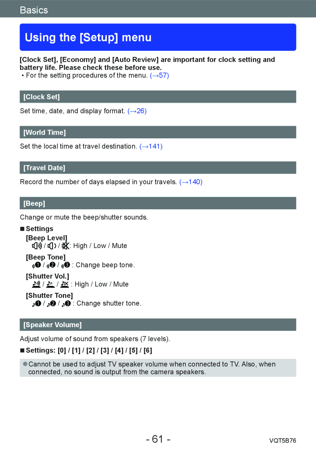 Panasonic DMC-FZ70 owner manual Using the Setup menu 