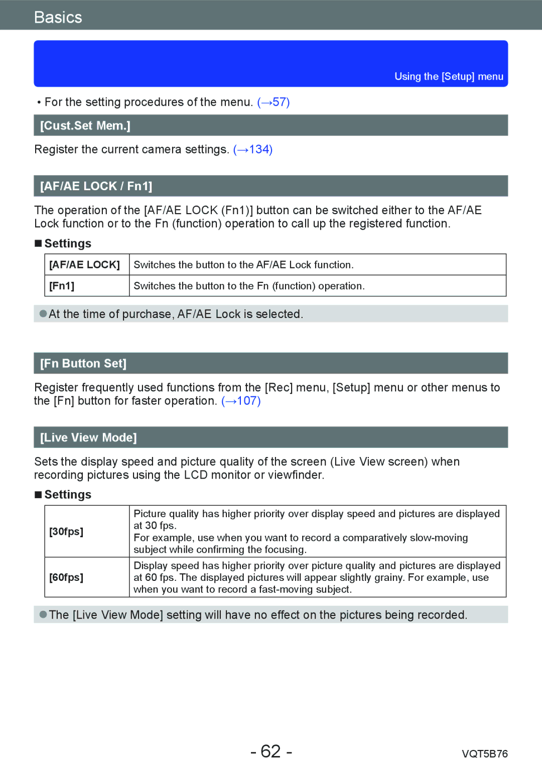 Panasonic DMC-FZ70 owner manual Cust.Set Mem, AF/AE Lock / Fn1, Fn Button Set, Live View Mode 