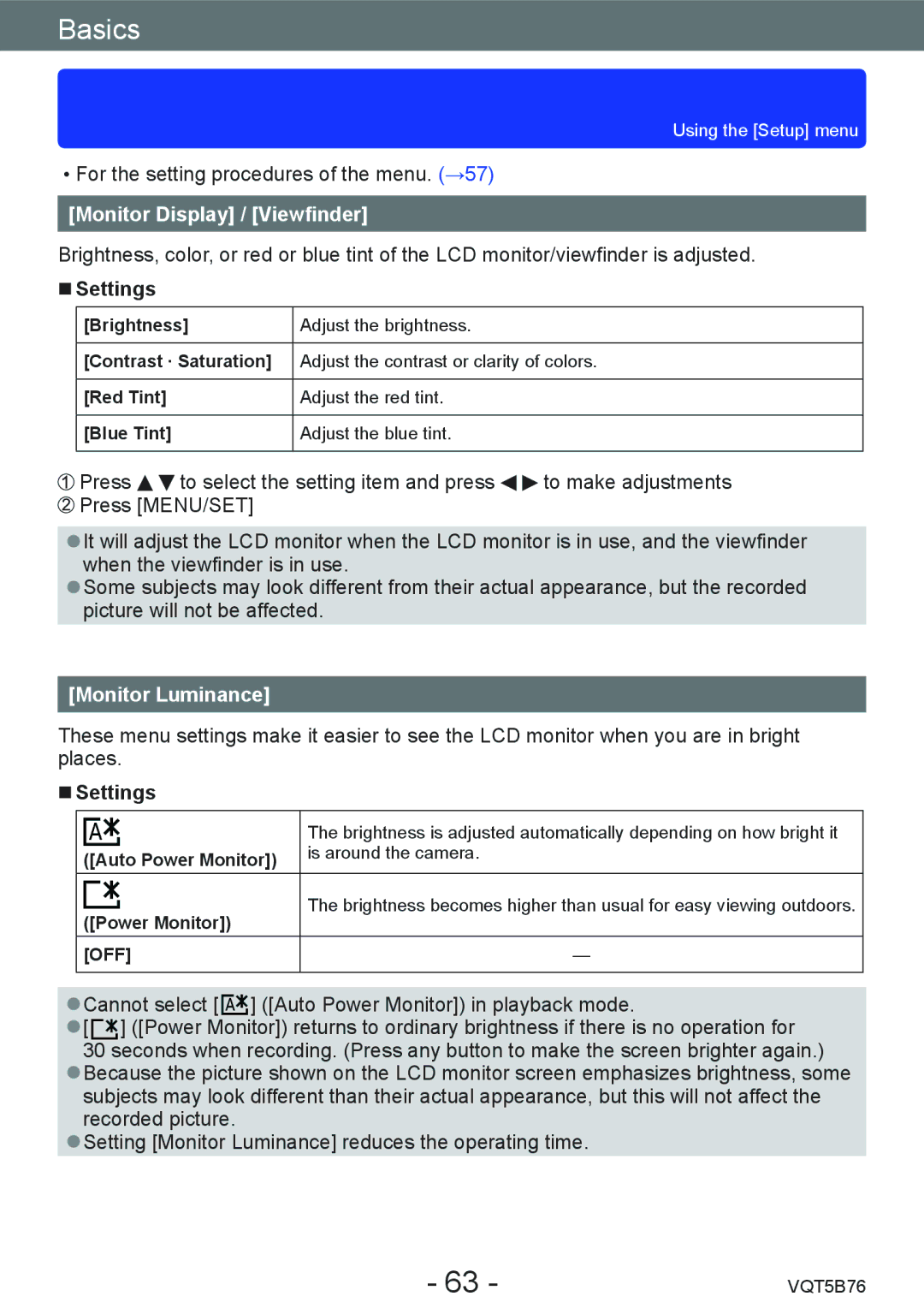 Panasonic DMC-FZ70 owner manual Monitor Display / Viewfinder, Monitor Luminance, Auto Power Monitor 