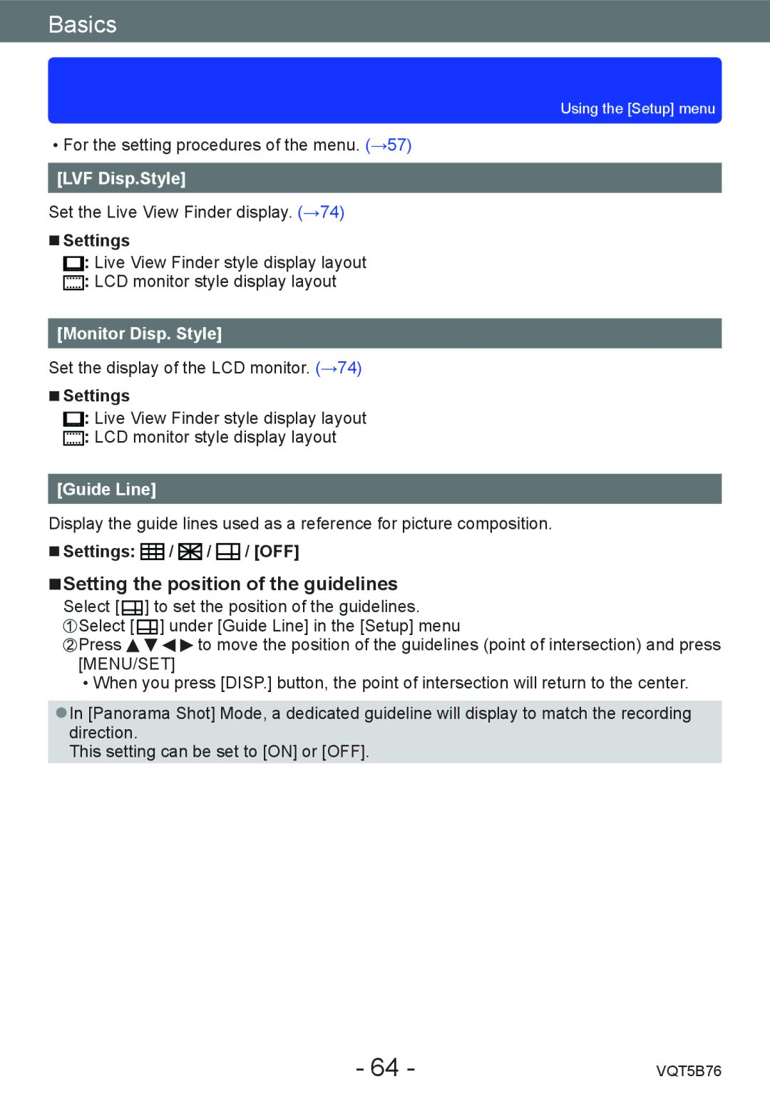 Panasonic DMC-FZ70 owner manual Setting the position of the guidelines, LVF Disp.Style, Monitor Disp. Style, Guide Line 