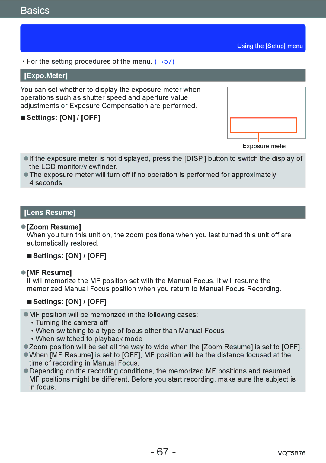 Panasonic DMC-FZ70 owner manual Expo.Meter, Lens Resume, Zoom Resume, Settings on / OFF MF Resume 