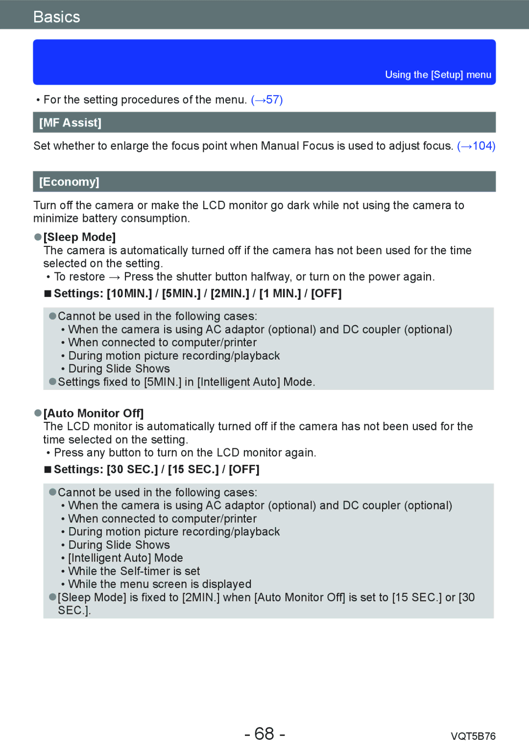 Panasonic DMC-FZ70 owner manual MF Assist, Economy 