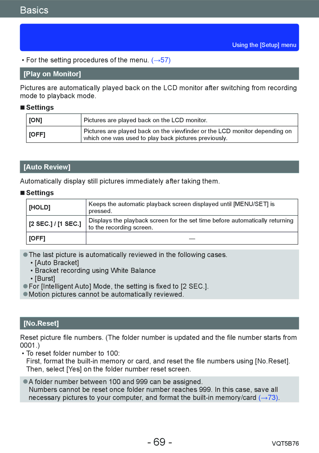 Panasonic DMC-FZ70 owner manual Play on Monitor, Auto Review, No.Reset, SEC. / 1 SEC 