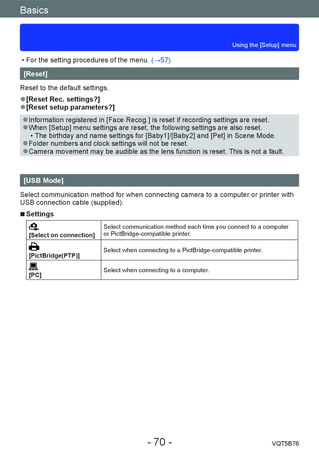 Panasonic DMC-FZ70 Reset Rec. settings? Reset setup parameters?, USB Mode, Select on connection, PictBridgePTP 