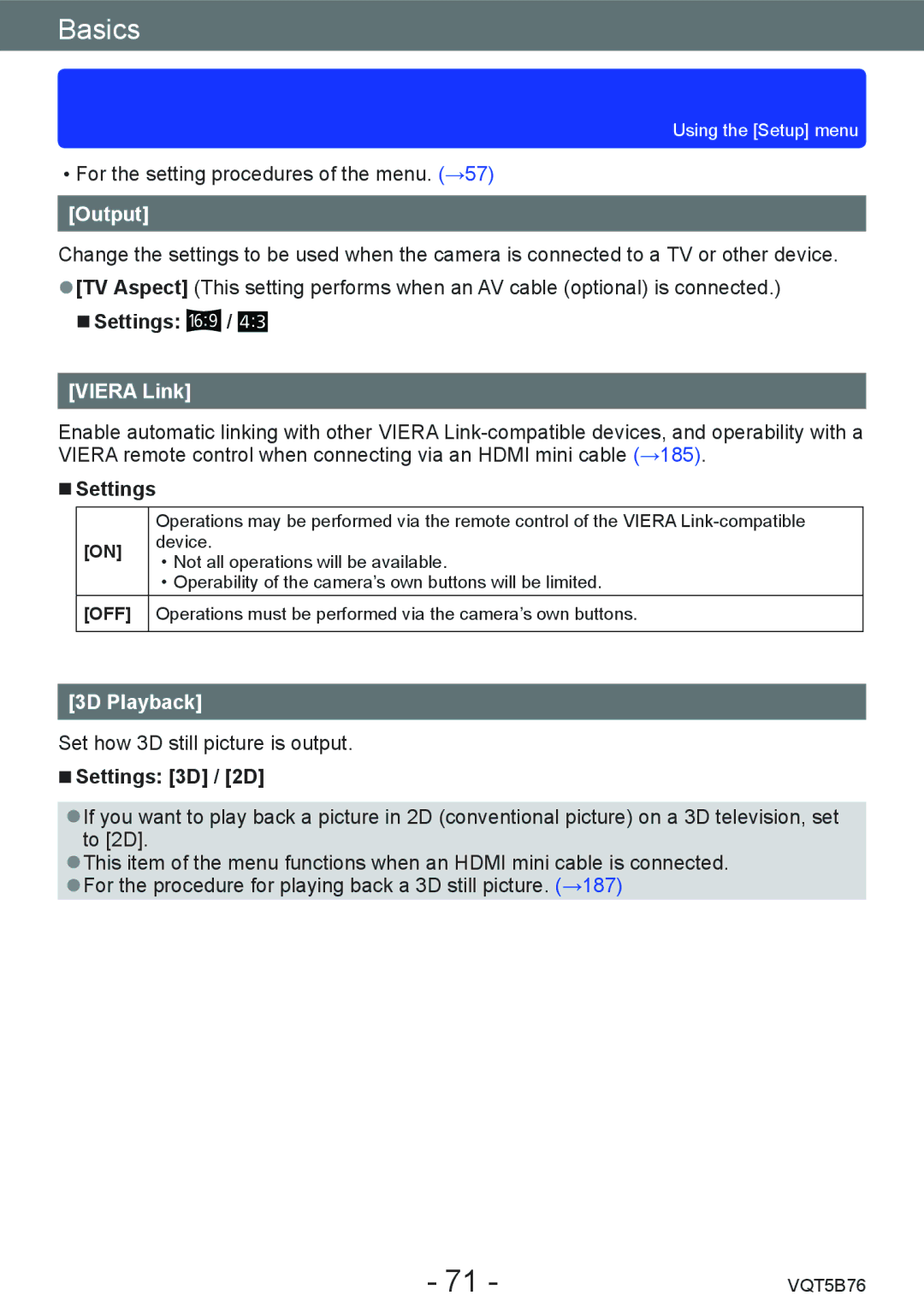 Panasonic DMC-FZ70 owner manual Output, Viera Link, 3D Playback, Settings 3D / 2D 