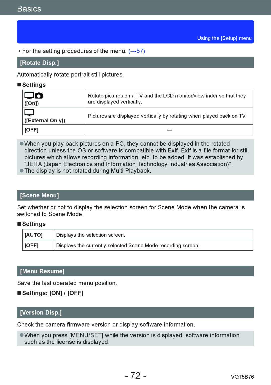 Panasonic DMC-FZ70 owner manual Rotate Disp, Scene Menu, Menu Resume, Version Disp 