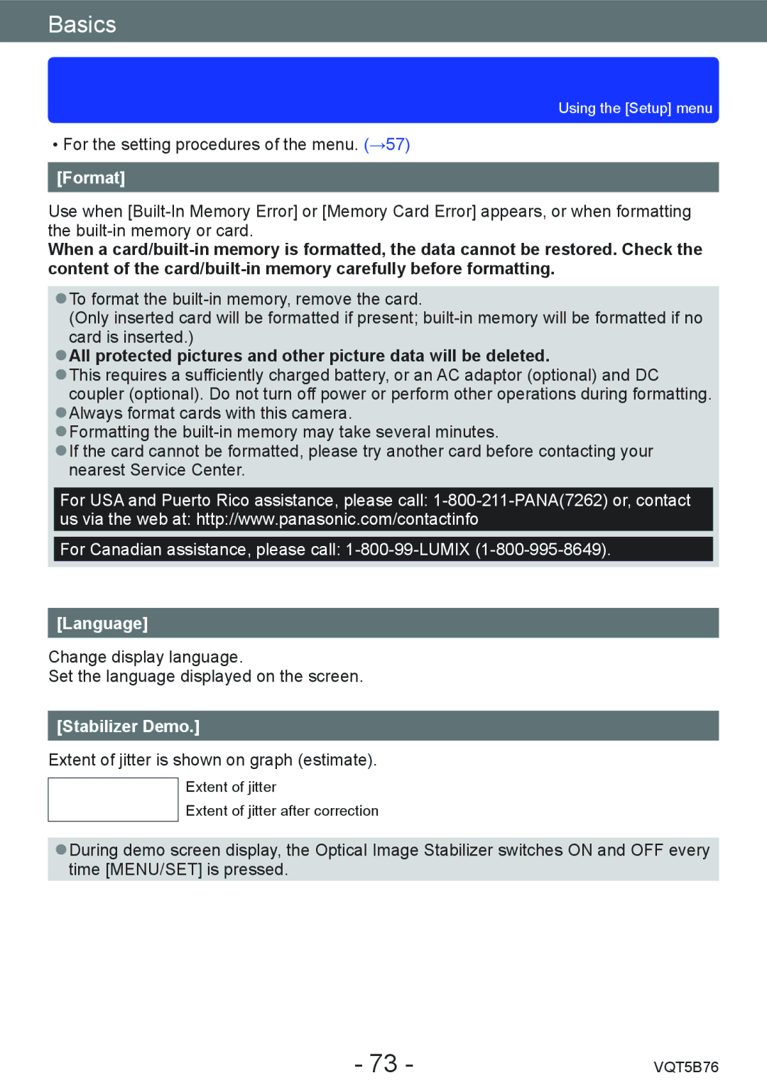 Panasonic DMC-FZ70 owner manual Format, Language, Stabilizer Demo 