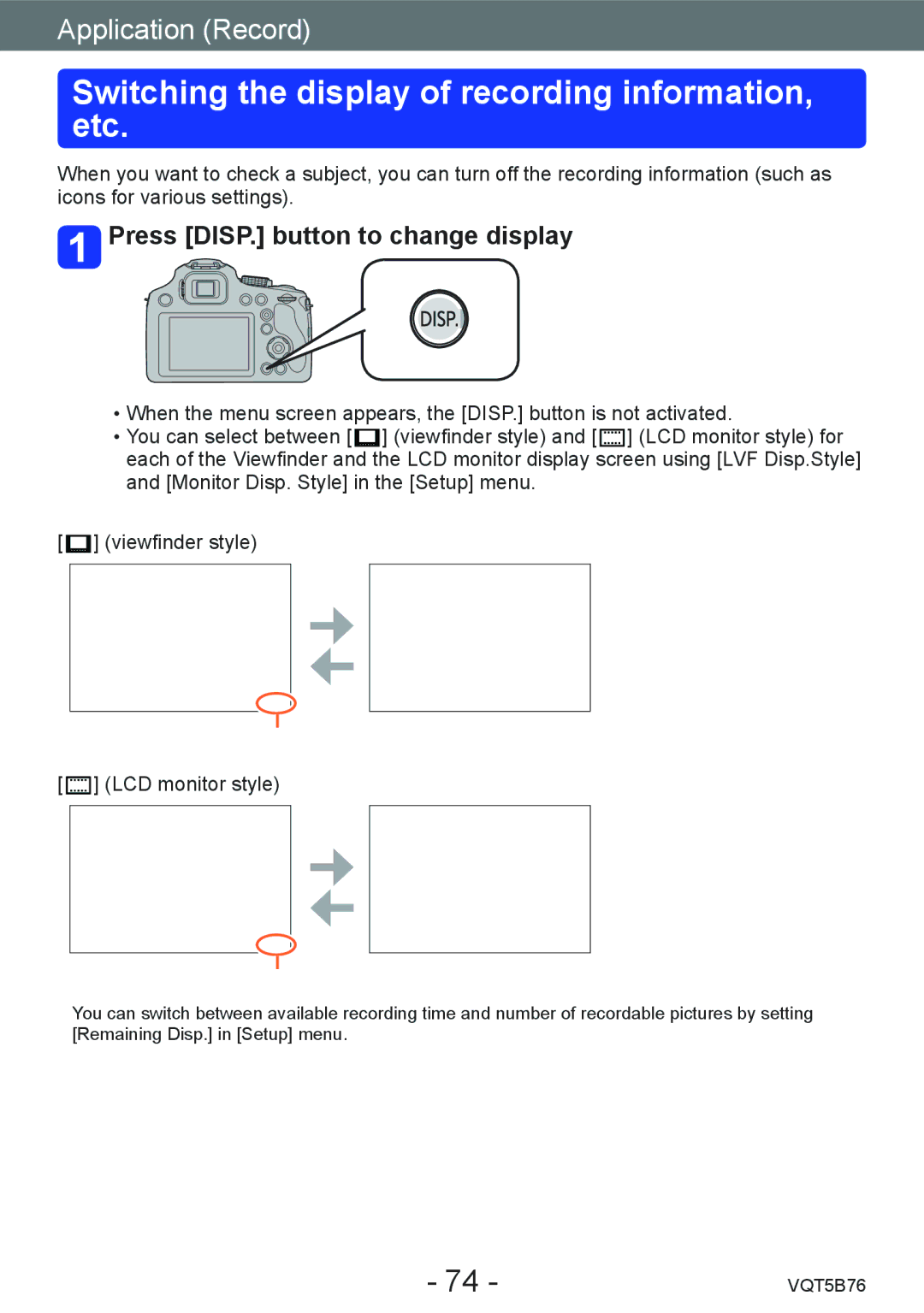 Panasonic DMC-FZ70 owner manual Switching the display of recording information, etc, Press DISP. button to change display 