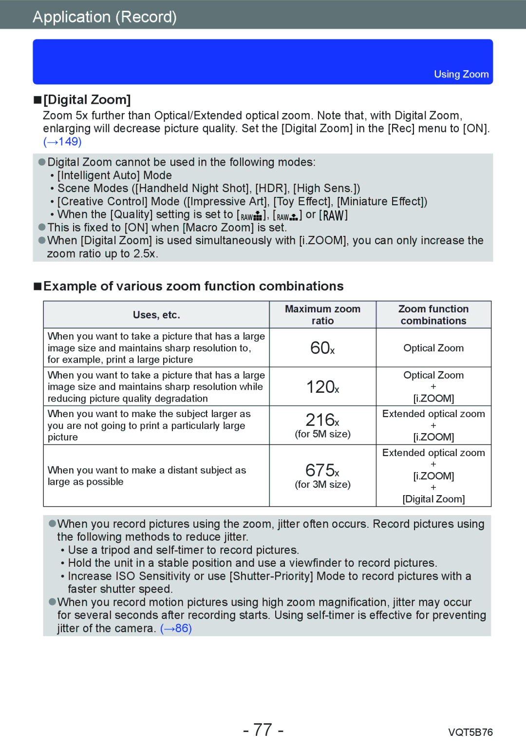 Panasonic DMC-FZ70 owner manual 120x, 216x, 675x, Digital Zoom, Example of various zoom function combinations 