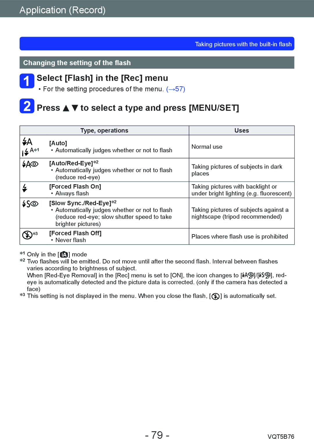 Panasonic DMC-FZ70 owner manual Select Flash in the Rec menu, Press to select a type and press MENU/SET 