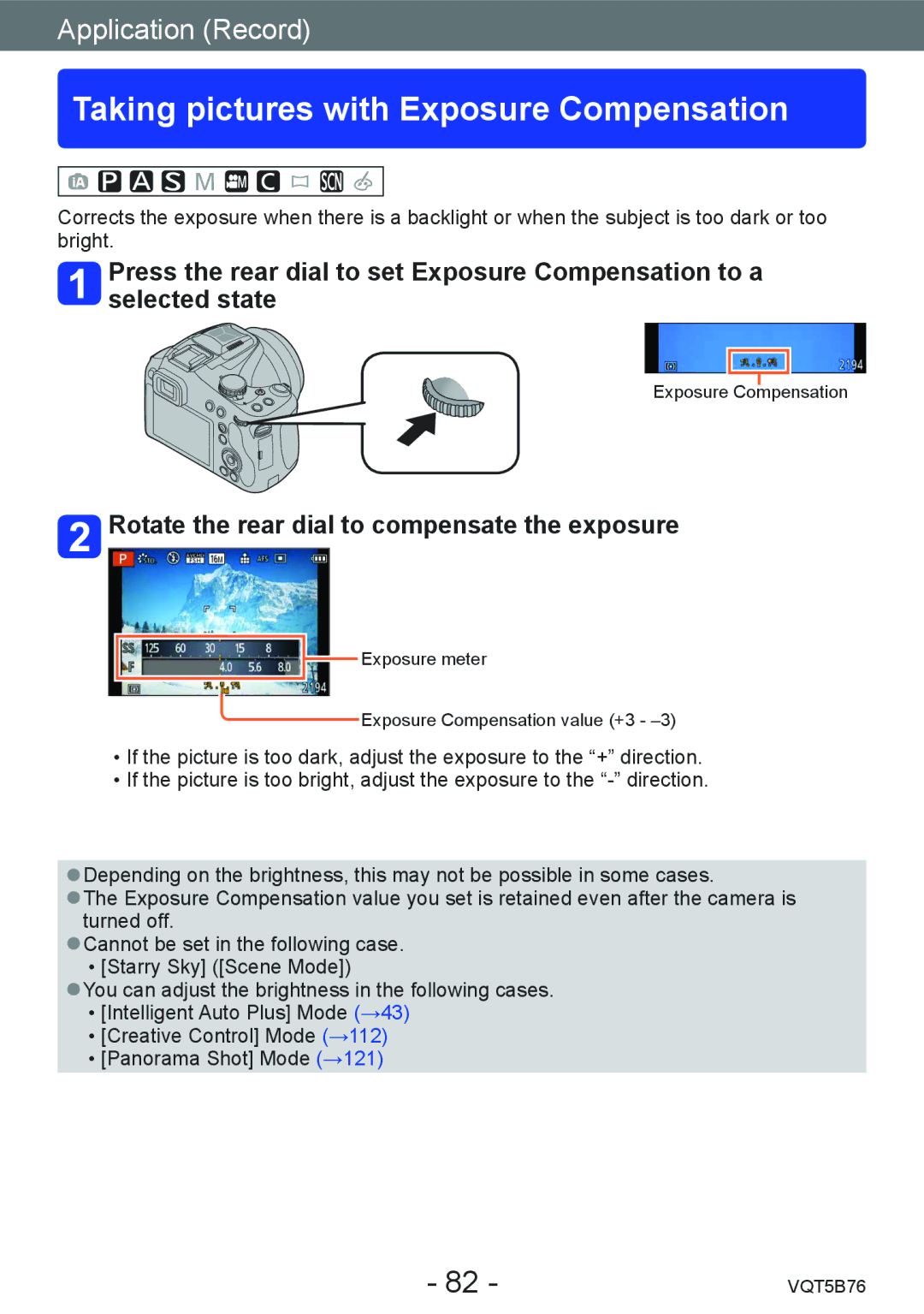 Panasonic DMC-FZ70 owner manual Taking pictures with Exposure Compensation, Rotate the rear dial to compensate the exposure 