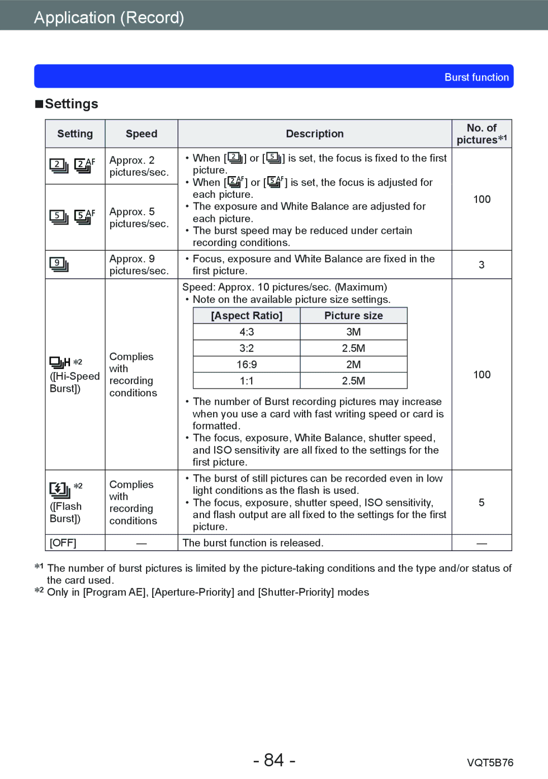 Panasonic DMC-FZ70 owner manual Settings, Setting Speed Description, Aspect Ratio Picture size 