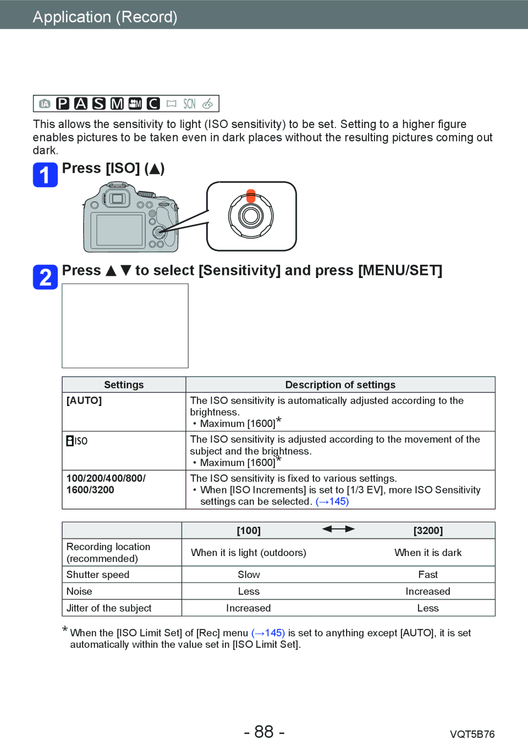 Panasonic DMC-FZ70 owner manual Setting the Light Sensitivity, Press ISO Press to select Sensitivity and press MENU/SET 