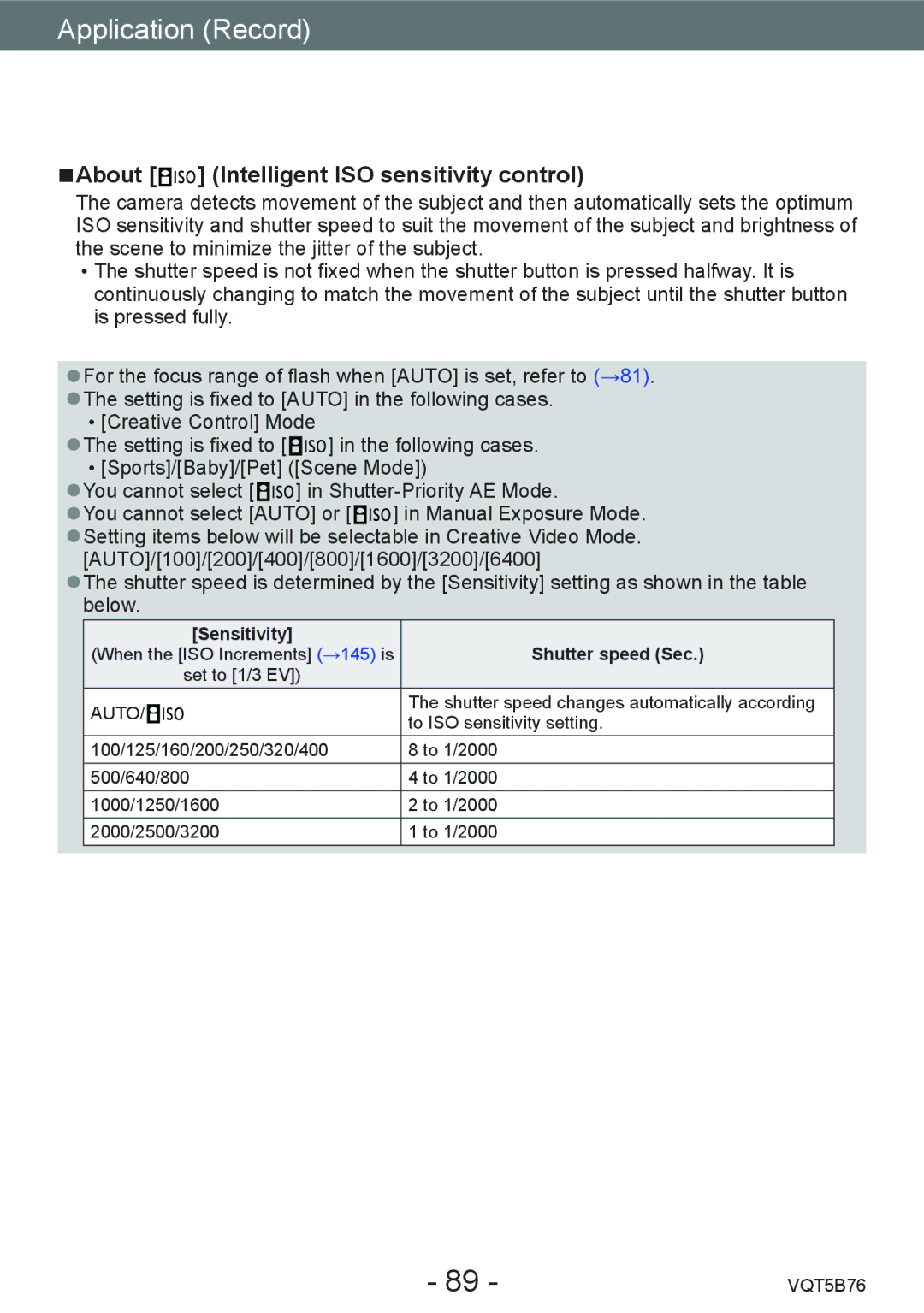 Panasonic DMC-FZ70 owner manual About Intelligent ISO sensitivity control, Sensitivity Shutter speed Sec 