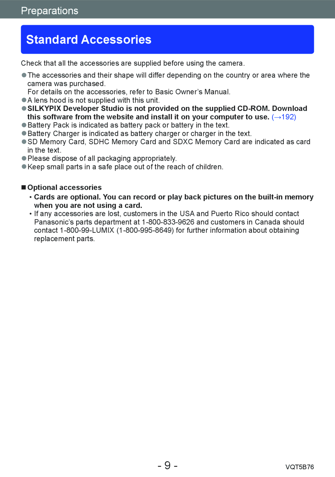 Panasonic DMC-FZ70 owner manual Standard Accessories 