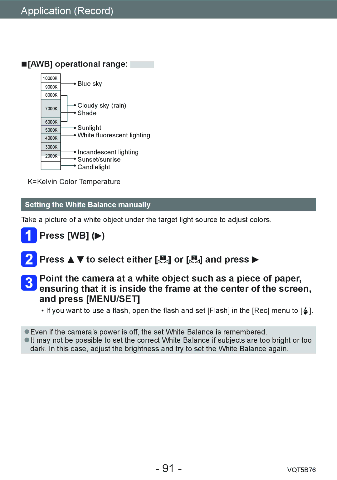 Panasonic DMC-FZ70 owner manual AWB operational range, Setting the White Balance manually 