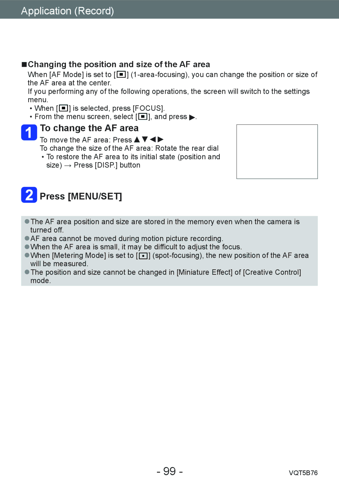 Panasonic DMC-FZ70 owner manual To change the AF area, Changing the position and size of the AF area 