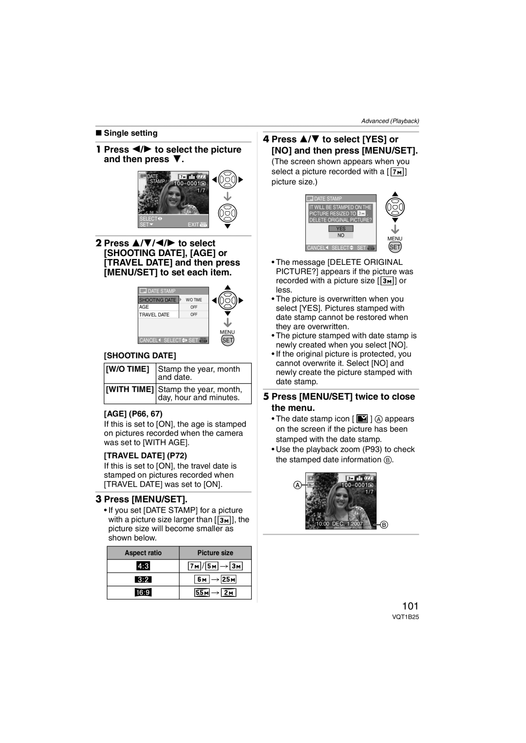 Panasonic DMCFZ8K, DMC-FZ8 101, Press 3/4 to select YES or no and then press MENU/SET, Shooting Date Time, With Time 