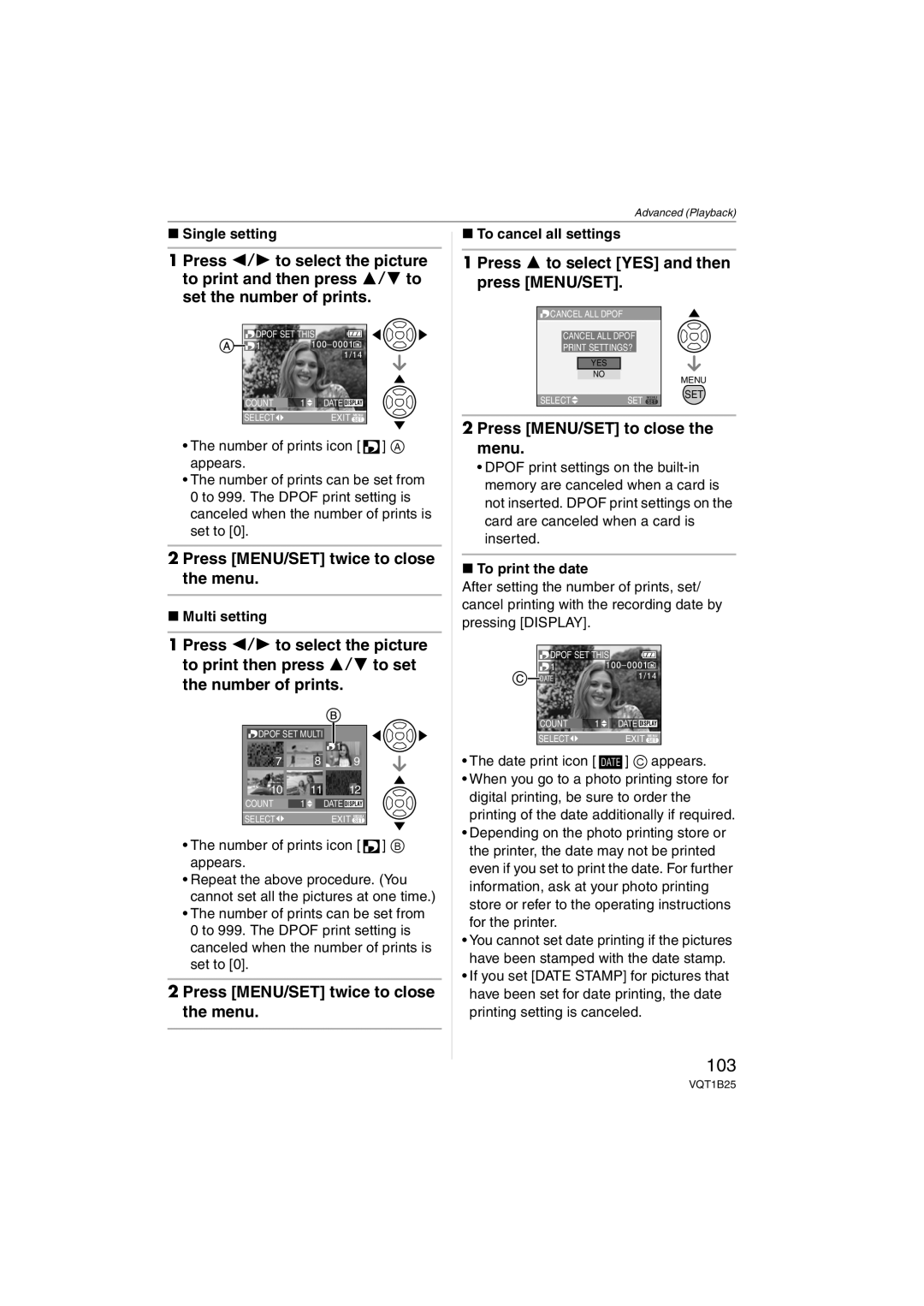 Panasonic DMCFZ8K, DMC-FZ8 103, Number of prints icon B appears, To cancel all settings, To print the date 
