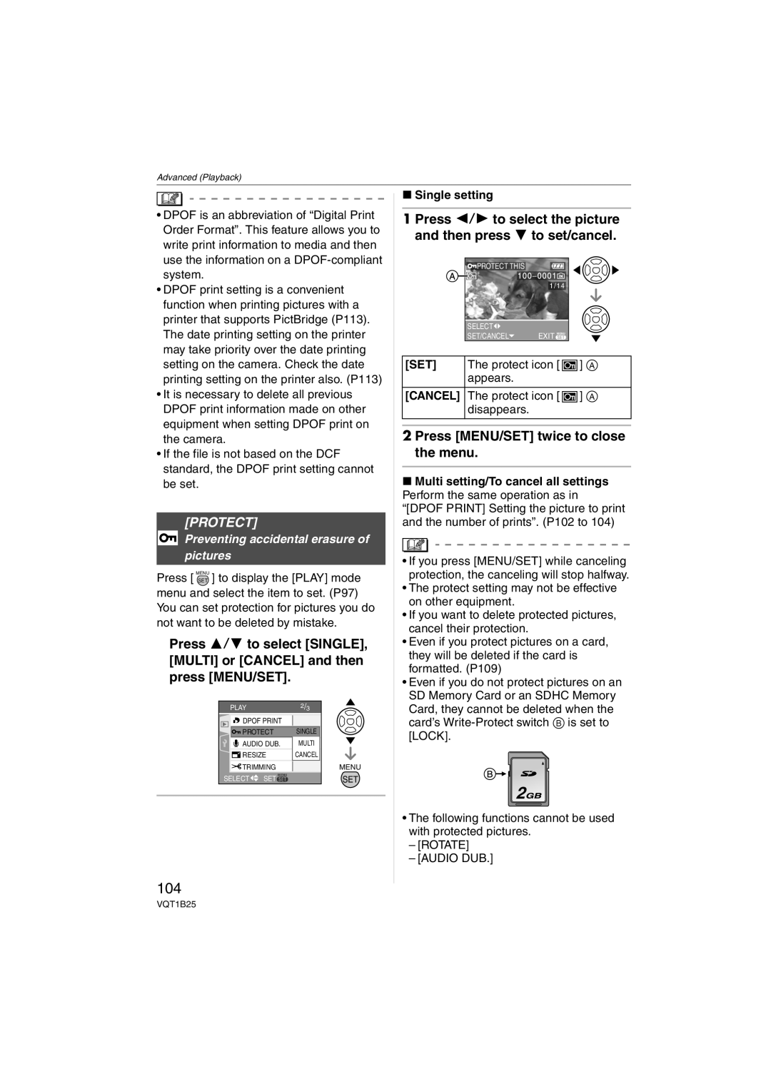 Panasonic DMC-FZ8, DMCFZ8K operating instructions 104, Protect, Preventing accidental erasure of pictures 