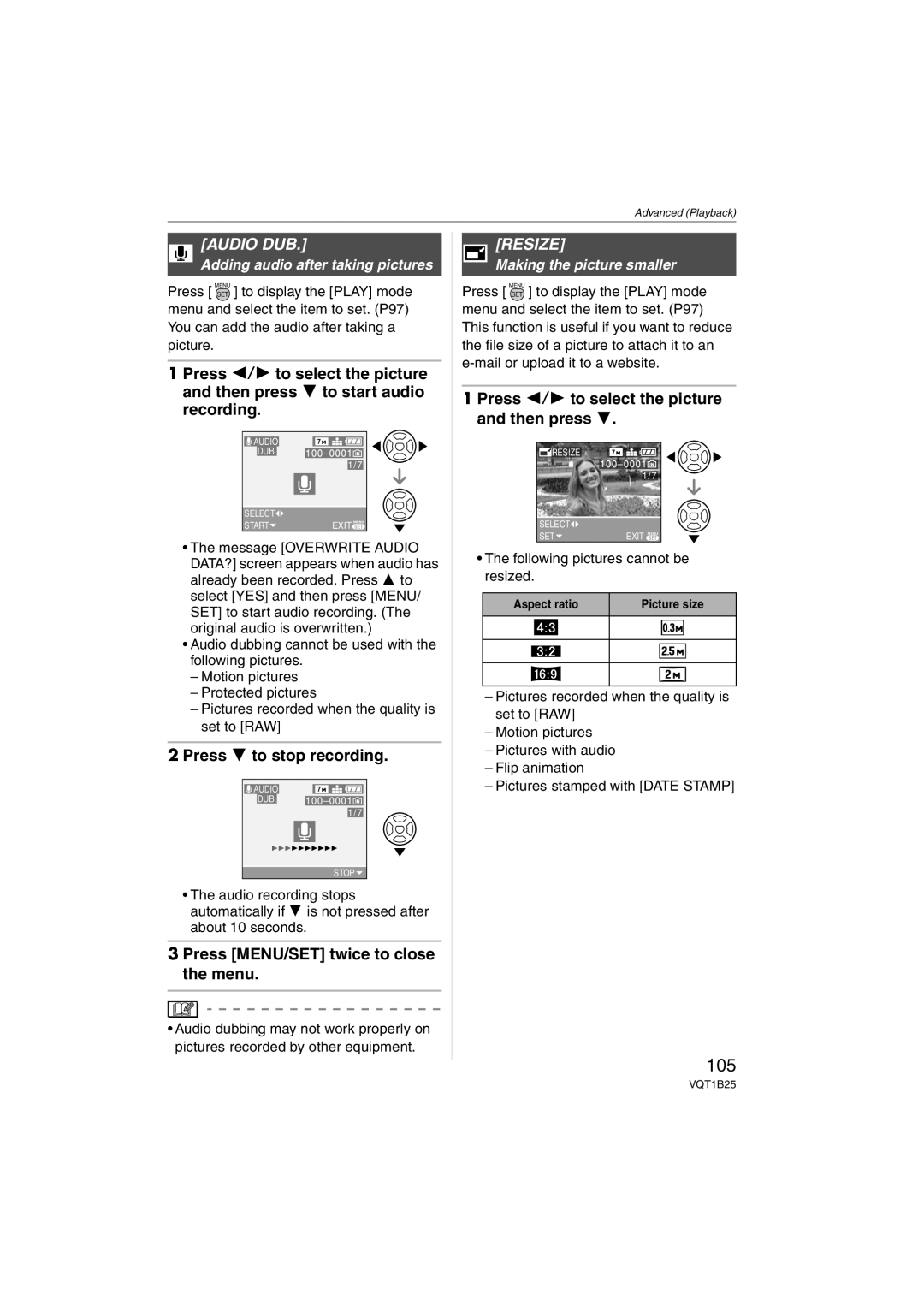 Panasonic DMCFZ8K, DMC-FZ8 operating instructions 105, Audio DUB, Press 4 to stop recording, Resize 