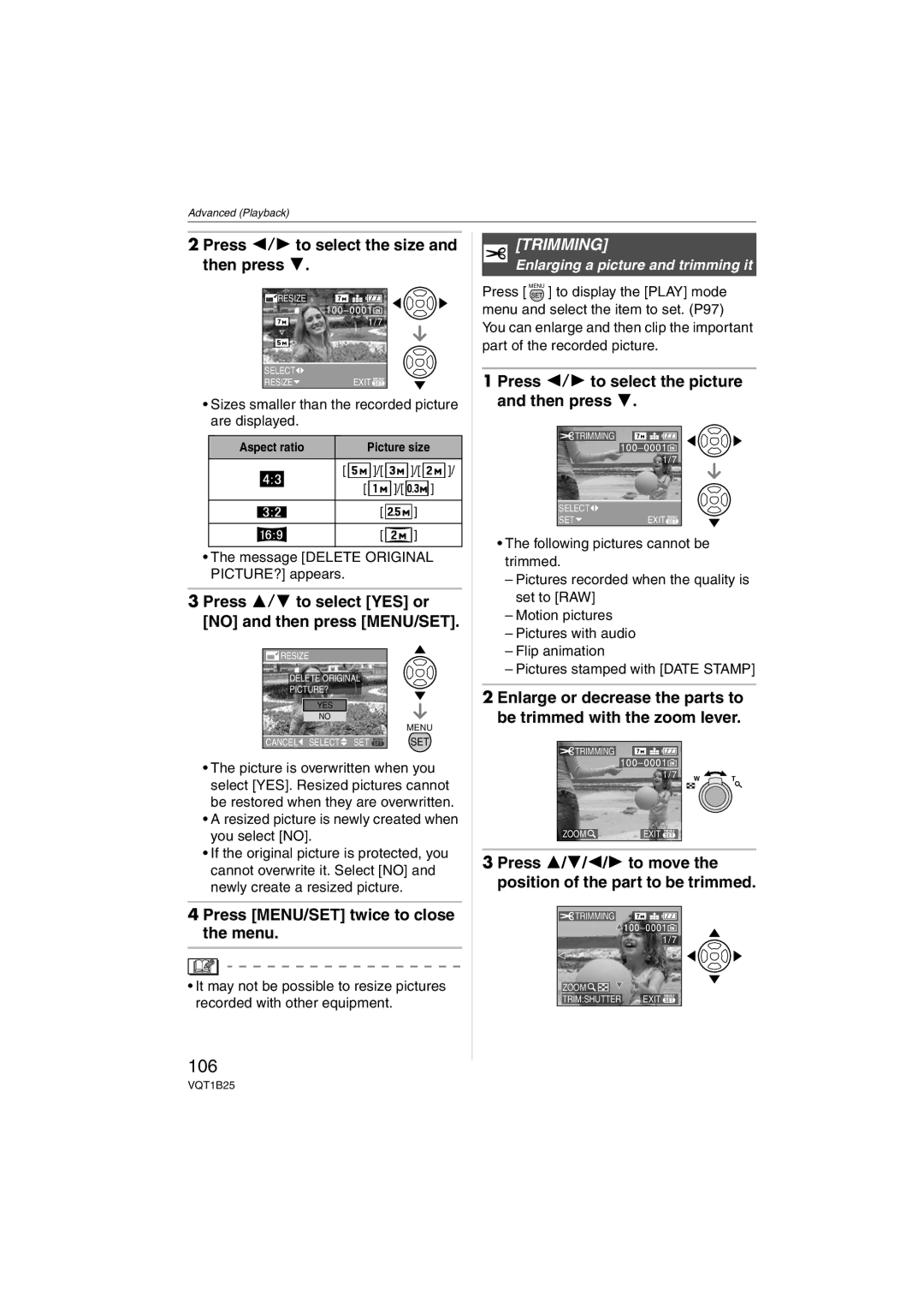 Panasonic DMC-FZ8, DMCFZ8K 106, Press 2/1 to select the size and then press, Trimming, Enlarging a picture and trimming it 
