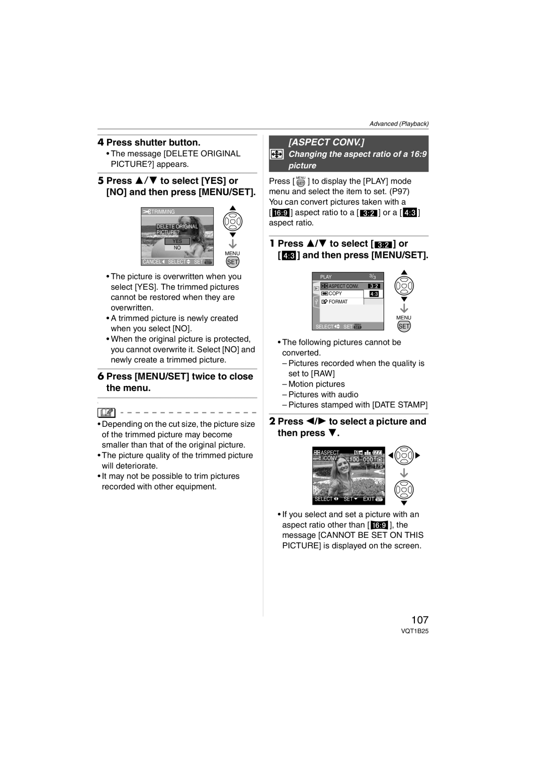 Panasonic DMCFZ8K, DMC-FZ8 107, Press shutter button, Aspect Conv, Press 3/4 to select or Then press MENU/SET 