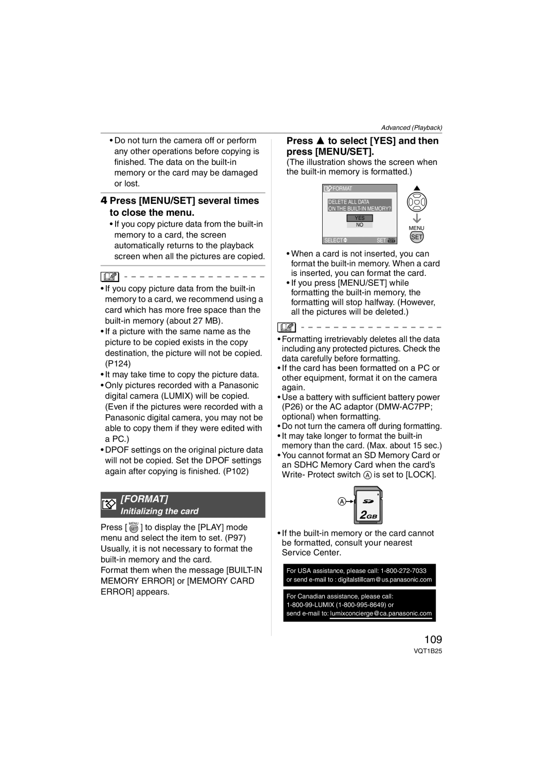 Panasonic DMCFZ8K, DMC-FZ8 109, Press MENU/SET several times to close the menu, Format, Initializing the card 