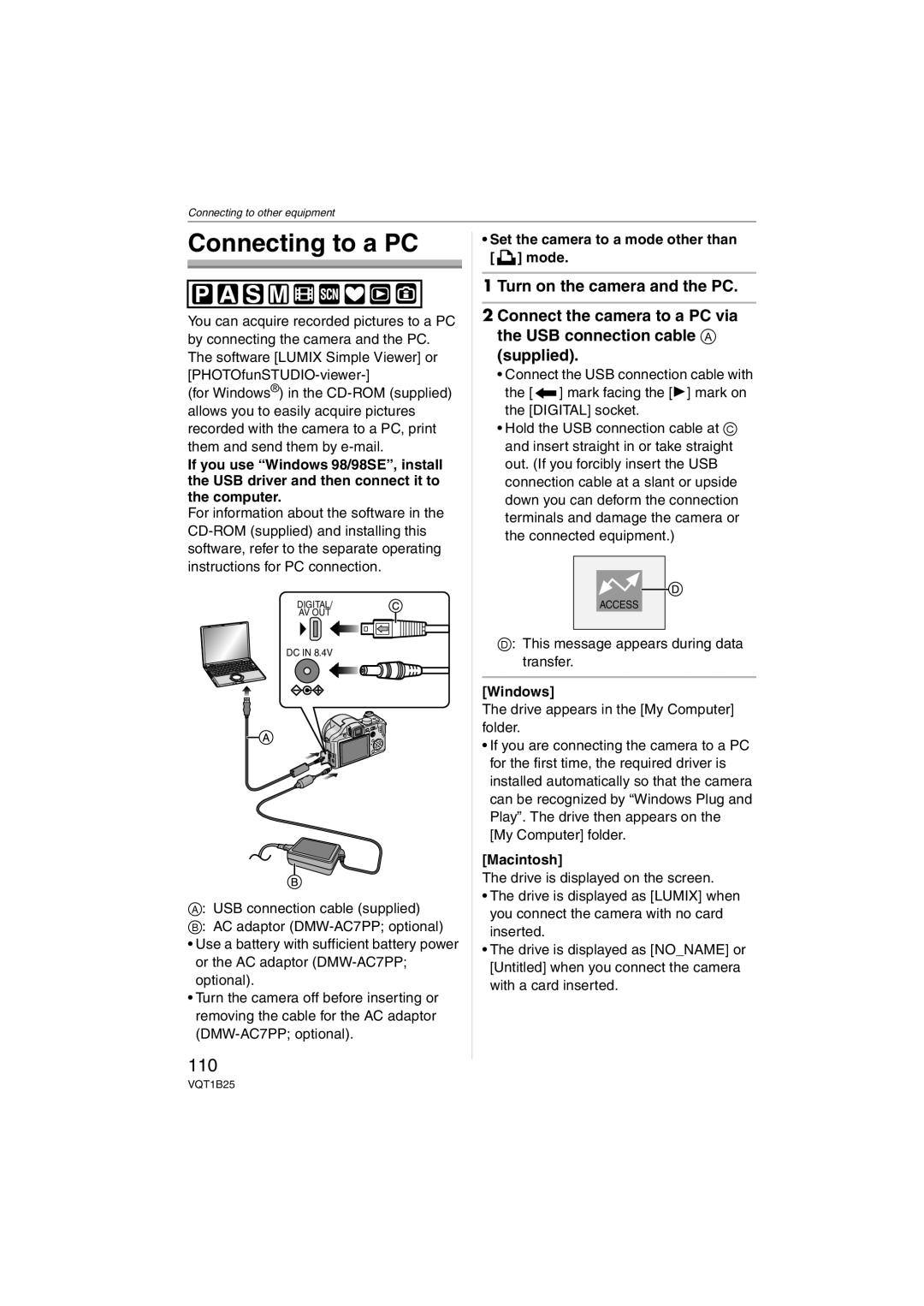 Panasonic DMC-FZ8, DMCFZ8K Connecting to a PC, 110, Set the camera to a mode other than mode, Windows, Macintosh 