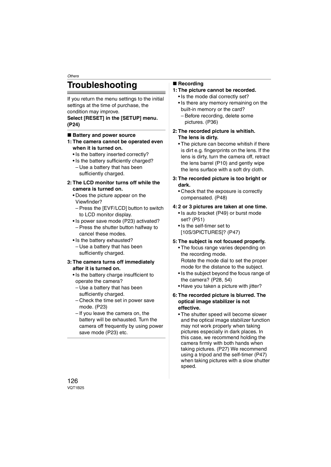 Panasonic DMC-FZ8, DMCFZ8K operating instructions Troubleshooting, 126 