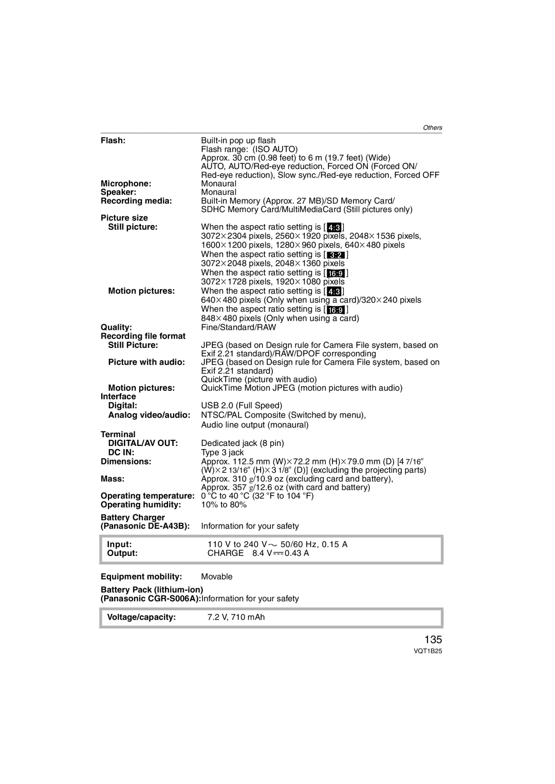 Panasonic DMCFZ8K, DMC-FZ8 operating instructions 135, Digital/Av Out 