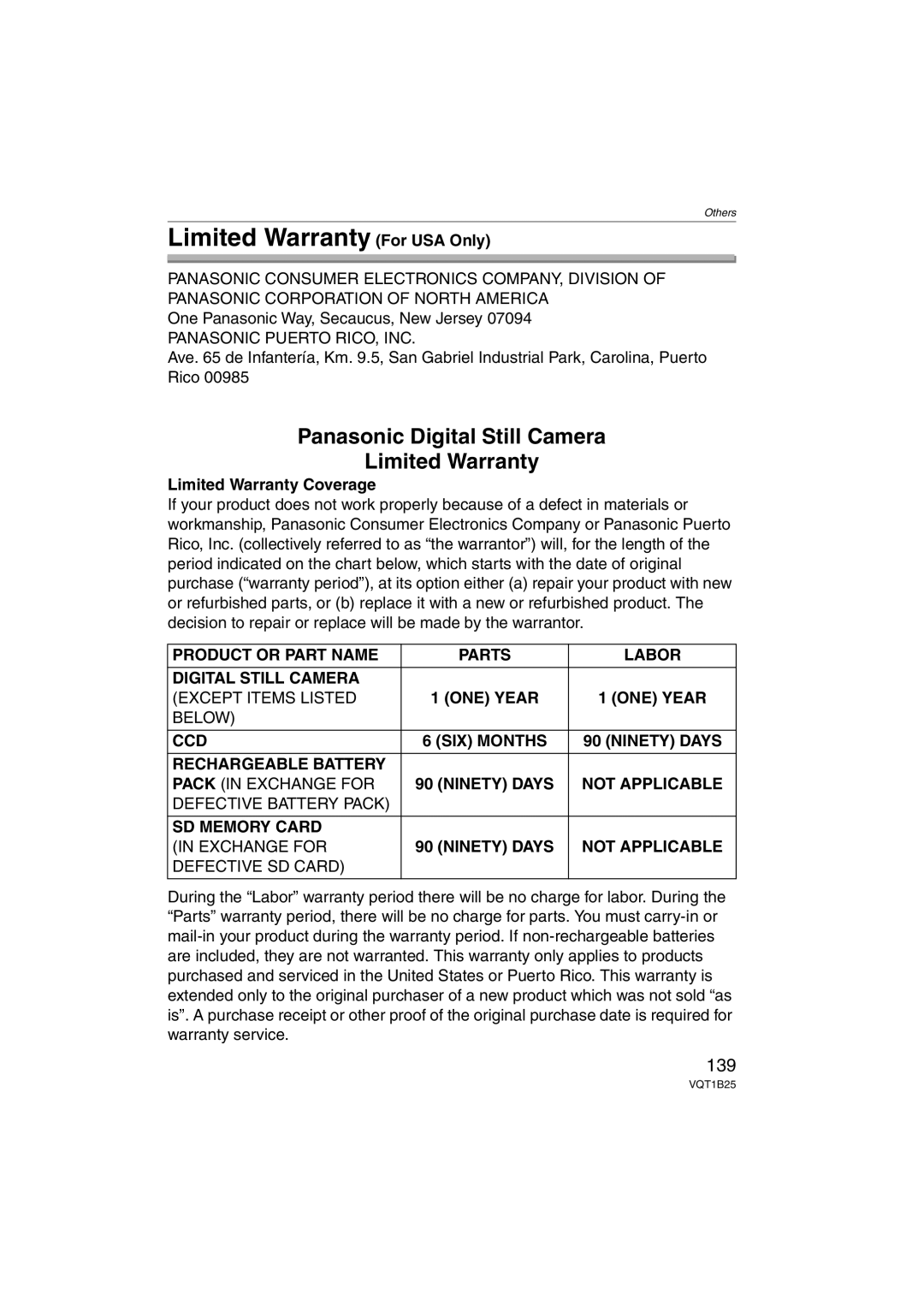 Panasonic DMCFZ8K, DMC-FZ8 operating instructions Limited Warranty For USA Only, 139, Limited Warranty Coverage 