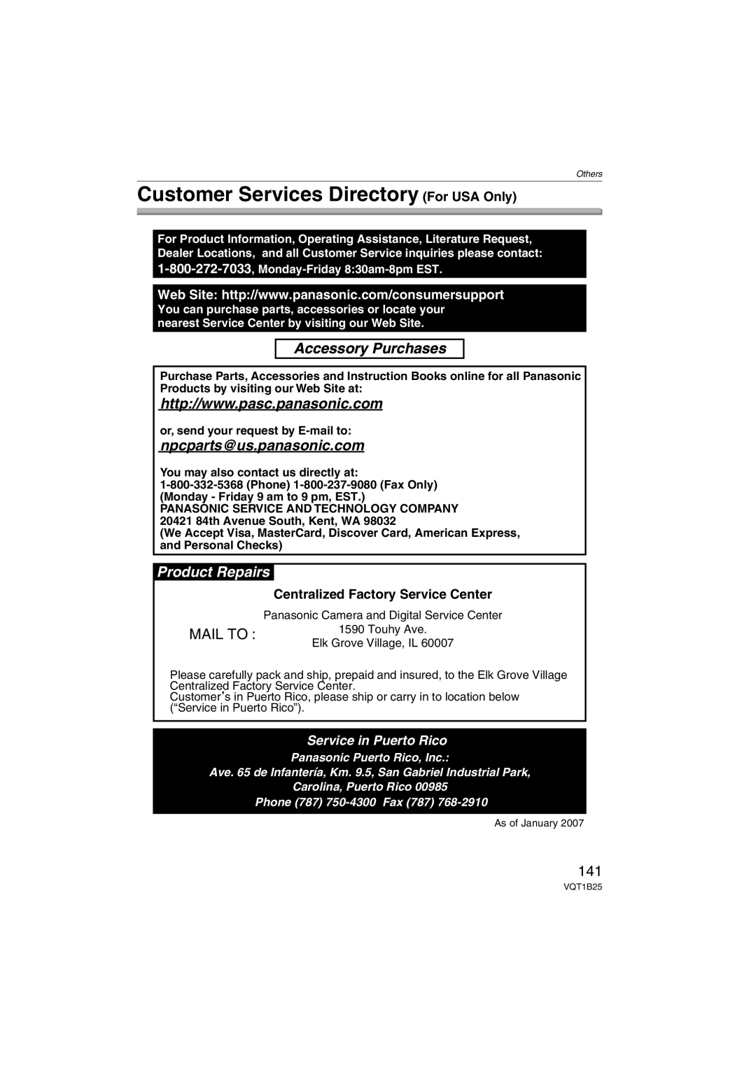 Panasonic DMCFZ8K Customer Services Directory For USA Only, 141, Centralized Factory Service Center, Elk Grove Village, IL 