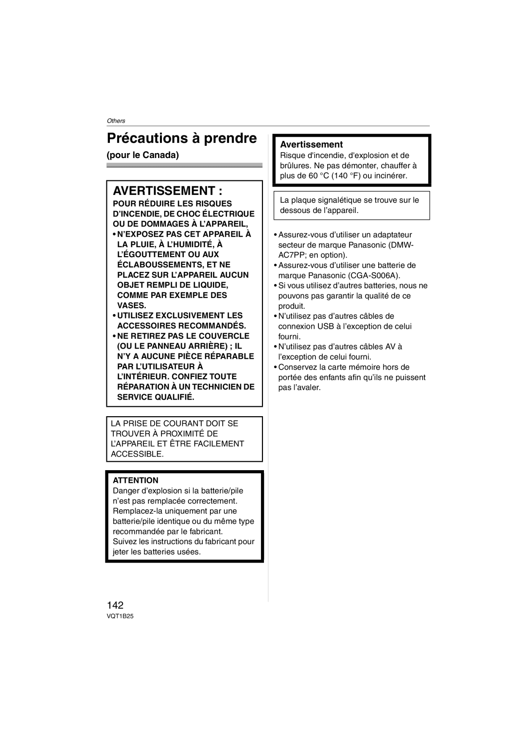 Panasonic DMC-FZ8, DMCFZ8K operating instructions Précautions à prendre, 142, Pour le Canada, Avertissement 